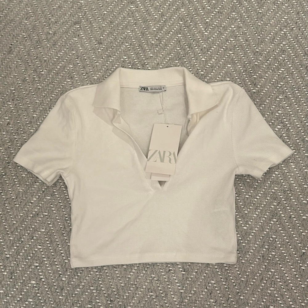 ZARA white collared cropped t shirt